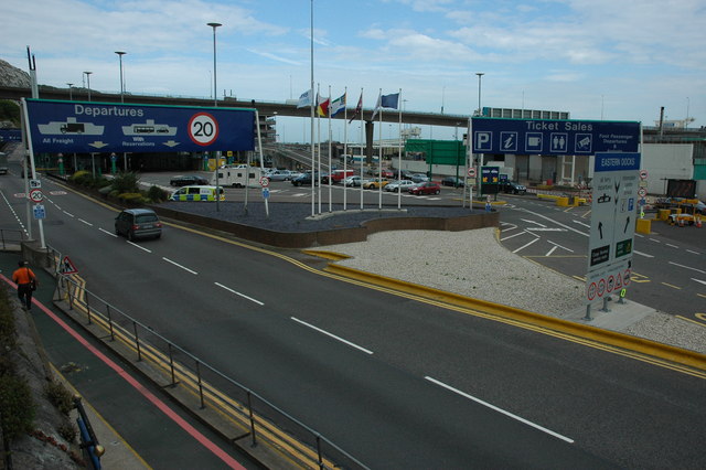 Entrance lanes and departure signage at Dover Ferry Terminal